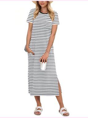 Women's Midi Dress Summer Casual Short Sleeve Split Stripe Rayon Blend Beach